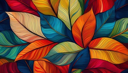 Wall Mural - A vibrant, abstract pattern featuring overlapping leaves in various colors, including red, blue, green, yellow, and orange. The leaves are outlined in black and have a striped and textured design