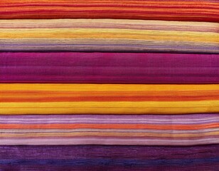 Canvas Print - A close-up image of a textured fabric with horizontal stripes in yellow, orange, pink, and purple