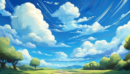 Wall Mural - A digital painting depicting a bright blue sky with puffy white clouds