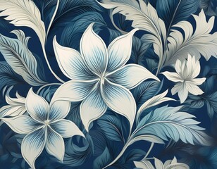 Wall Mural - A floral wallpaper in shades of blue and white with intricate leaf patterns adorning the design.