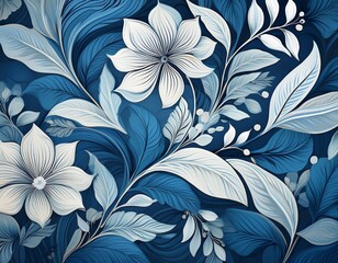 Poster - A floral wallpaper in shades of blue and white with intricate leaf patterns adorning the design.