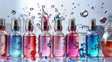 Vibrant and colorful image featuring seven spray bottles arranged in a straight horizontal line.