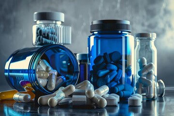 various blue pill bottles scattered on a table, some open with capsules spilling out, symbolizing he