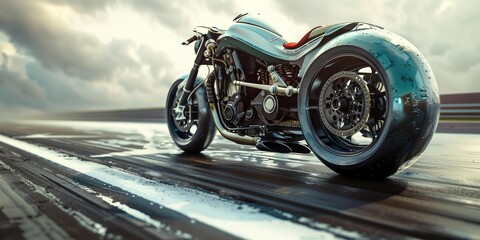 A green custom motorcycle on a racetrack.