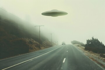 A misty road scene featuring a solitary car and an enigmatic UFO hovering above, evoking a sense of mystery and the unknown.