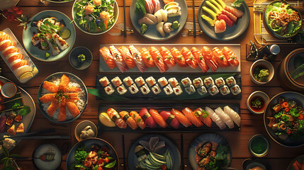 Japanese restaurant dinner table spread in top-down view, array of beautifully plated sushi, sashimi, tempura, surrounded, fresh salads, traditional Japanese food