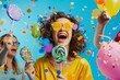 © Victor Bertrand - A lively celebration with colorful confetti and girls enjoying lollipops and balloons, capturing the essence of fun and excitement.