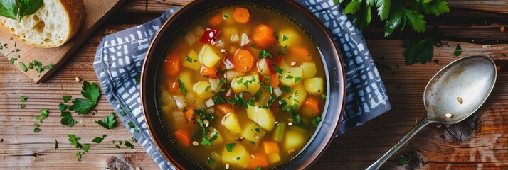 Wall Mural - Healthy vegetarian spring vegetable soup with chopped and grated root vegetables and seasoned with yeast