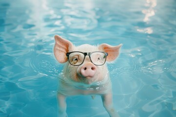 An adorable pig wearing glasses floats in a serene blue pool, combining whimsy and charm with a lighthearted portrayal of summer relaxation.