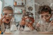 © Victor Bertrand - Three excited children, wearing safety goggles, engage in a fun science experiment with beakers and dry ice in a lively classroom.