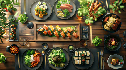 Japanese restaurant dinner table spread in top-down view, array of beautifully plated sushi, sashimi, tempura, surrounded, fresh salads, traditional Japanese food