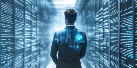 A black and white silhouette with binary code in the background to represent computer coding or digital technology