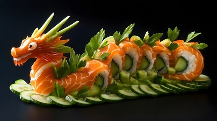 Sushi dragon made of sushi rice, salmon and avocado slices arranged in the shape of an Asian-style dragon with a real fresh fish tail and head to create an eye-catching piece