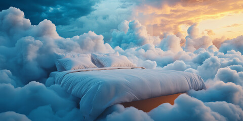 Wall Mural - Dreamy bed surrounded by fluffy clouds, creating a surreal and tranquil atmosphere. symbolizes comfort and peaceful sleep