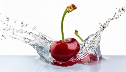 Wall Mural - cherry in water splash isolated on white background close up of a cherry falling into a liquid red cherries and spectacular splashes on white fruity background