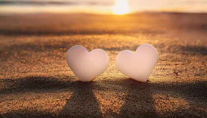 two hearts in sand on the beach at sunset valentine day love background