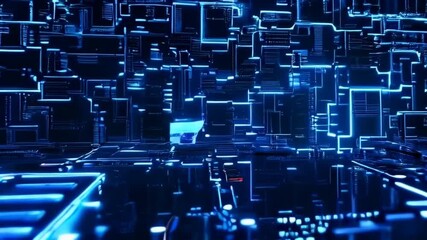 Poster - A high-tech intro with glowing blue squares and circuits, creating a futuristic, digital atmosphere.