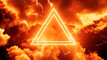 Poster - A glowing orange triangle surrounded by clouds and lightning, representing power and energy in a dramatic animation.