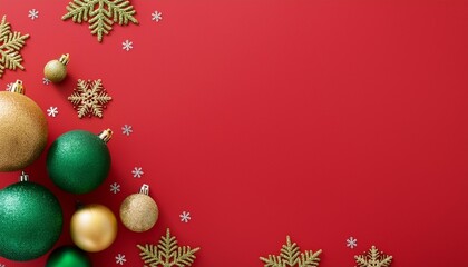 Wall Mural - minimalist poster for christmas with large green and gold ornaments and snowflakes falling on a solid red background image with space for copy