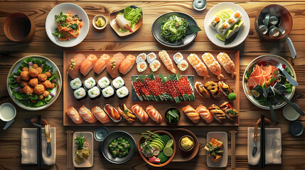 Japanese restaurant dinner table spread in top-down view, array of beautifully plated sushi, sashimi, tempura, surrounded, fresh salads, traditional Japanese food