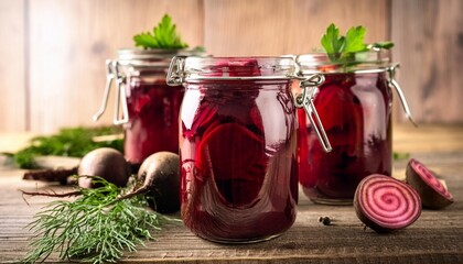 Wall Mural - rustic homemade pickled beets in jars with fresh herbs and spices on wooden table