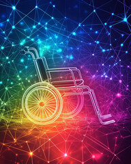 Wall Mural - Colorful abstract background with wheelchair accessibility icon integrated into internet network, representing online inclusivity and accessible technology for people with disabilities