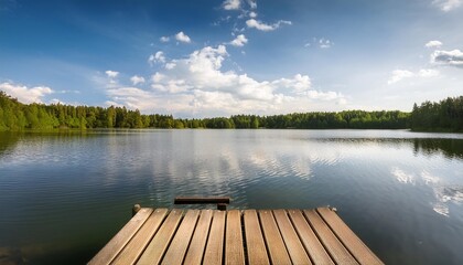 Poster - an idyllic scene of a serene lake with a charming wooden jetty perfect for a relaxing vacation getaway