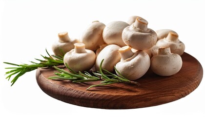 white champignons with rosemary on a wooden board