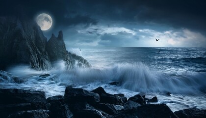 Poster - halloween background with dark stormy ocean waves crashing against jagged rocks