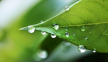 Wall Mural - close up of fresh water droplets on a vibrant green leaf