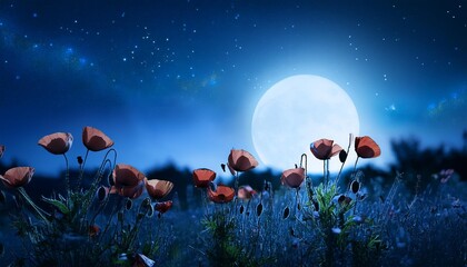 Wall Mural - wild poppies illuminated by the dramatic blue moonlight and fireflies in the night