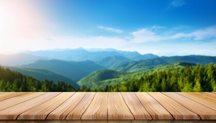 Poster - wooden table top over green mountain range over blue sky background