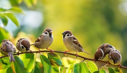 sparrows typical birds on branch medlar leaves on blurred green background