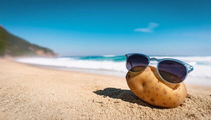 Sticker - a chic potato sporting cool sunglasses chilling on a beach with the azure ocean waves nearby