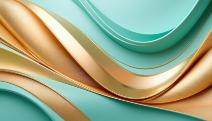 Wall Mural - an abstract background with smooth flowing curves in gold and mint green creating a modern minimalist and elegant design