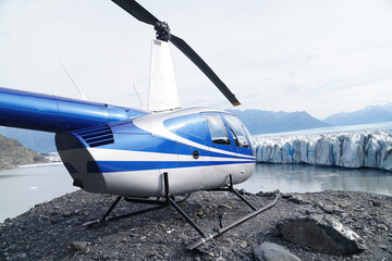 Helicopter landed near beautiful glacier landscape in Alaska, USA