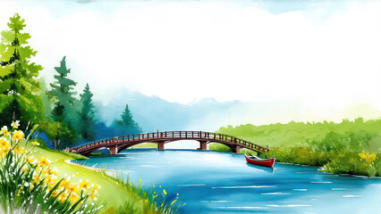 Card with a flowing river theme, featuring watercolor blues and greens, riverbank floral accents and subtle boat or bridge illustrations without text	
