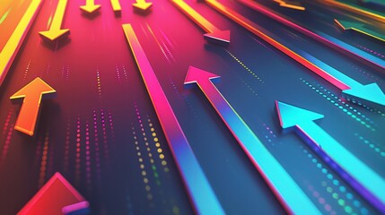 Poster - Variety of colorful arrows pointing in different directions, with a background of vertical lines in a gradient of colors