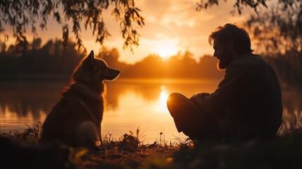 Canvas Print - A man and his dog share a peaceful moment as the sun sets over the tranquil lake