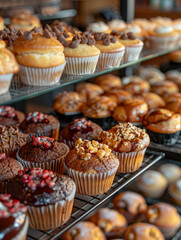 Wall Mural - Various muffins and cupcakes on display in a bakery.