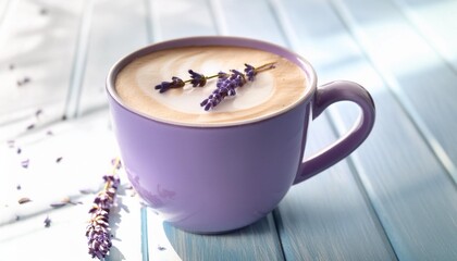 a lavender latte in a light purple cup