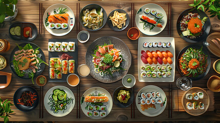 Japanese restaurant dinner table spread in top-down view, array of beautifully plated sushi, sashimi, tempura, surrounded, fresh salads, traditional Japanese food