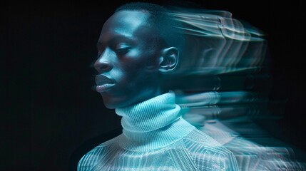 Fashion motion portrait of a young black male model wearing silver turtleneck shirt walking and moving on black background, with glitch and ghosting effect, emotional cold sensitive young man portrait