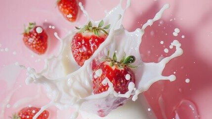 Strawberries splash into a pool of creamy milk, creating a dynamic explosion of droplets against a vibrant pink background, capturing freshness and vitality.