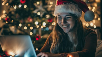 A woman in a Santa hat smiling at her laptop in a cozy room decorated for Christmas, radiating holiday cheer.