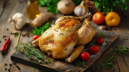 Canvas Print - A perfectly roasted chicken garnished with herbs, surrounded by fresh vegetables and spices, enticingly displayed on a rustic wooden cutting board.