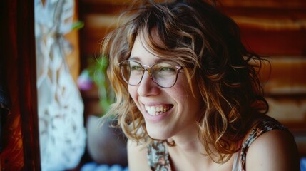 Sticker - A woman with tousled hair and glasses beams as she gazes out the window, her smile radiating joy and natural beauty in a cozy setting.