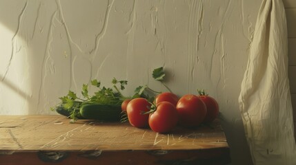 Sticker - Fresh tomatoes and greens sit on a rustic wooden table against a textured wall, bathed in soft natural light, evoking a warm, homely atmosphere.