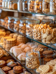 Wall Mural - Variety of cookies and biscuits in glass jars on a bakery shelf.