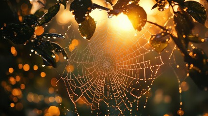 8K Realistic A picturesque and sharp photo of a rain-drenched spider web glistening in the morning light.